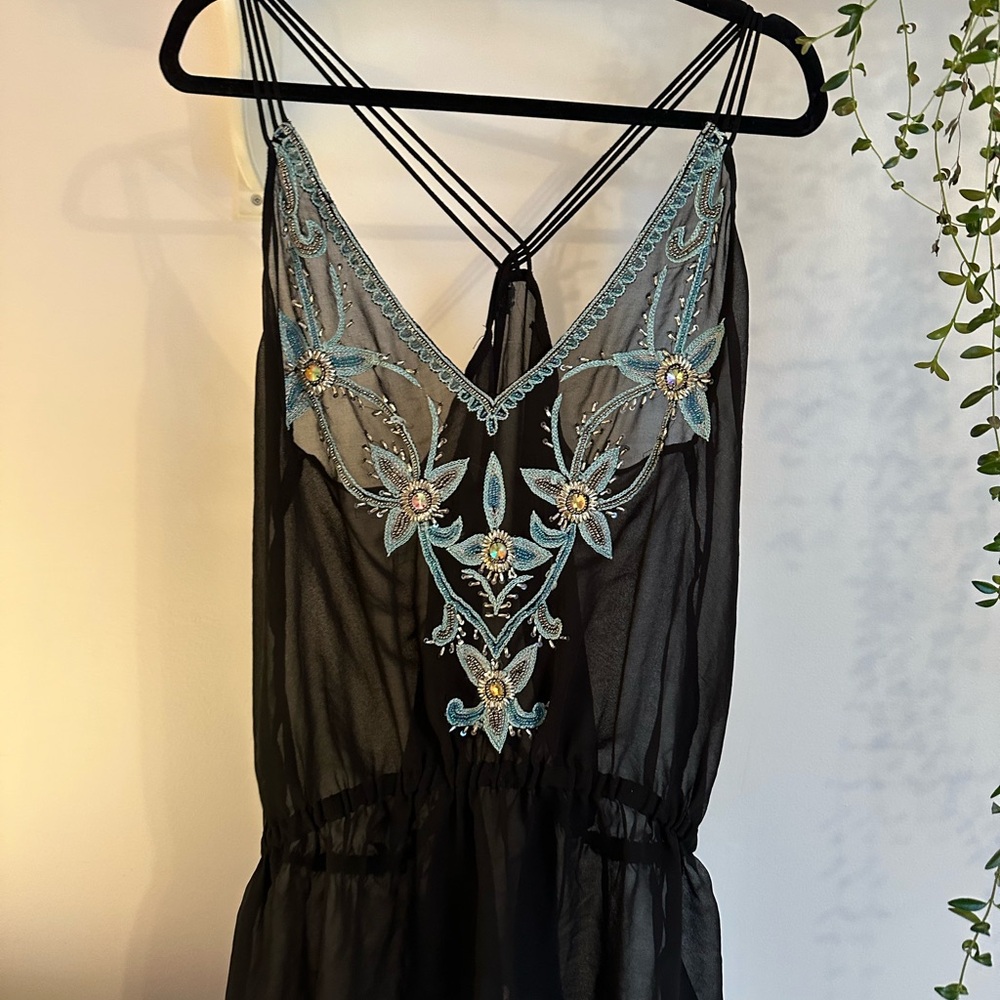 Black Sheer Top with Blue Embroidery